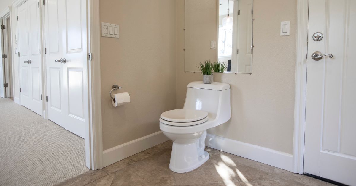 White toilet in a bright home bathroom in Dallas, TX